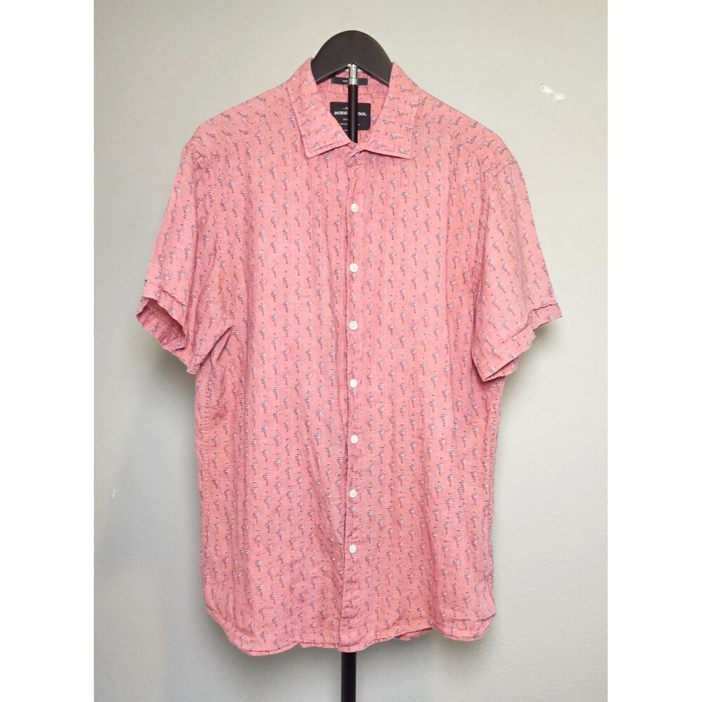 Rodd & Gunn Linen Shirt Mens L Pink Flamingo Print Short Sleeve Button Up Casual